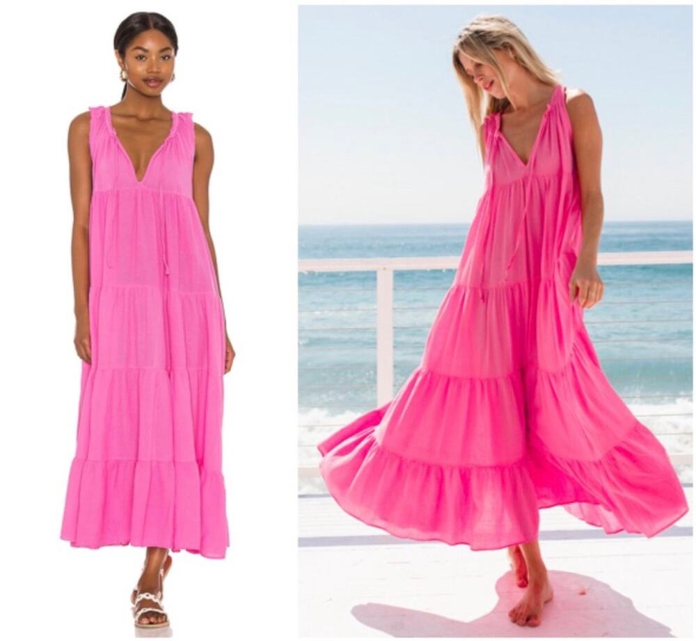9 Seed Dress Womens Medium Large Peony Pink Lighthouse Flowy Beach Tiered Maxi